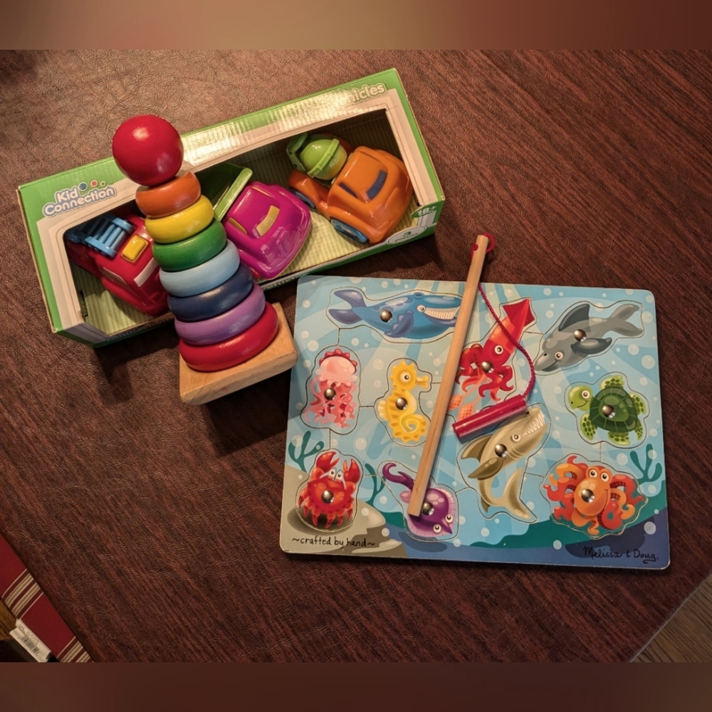 Melissa & Doug Rainbow Stackers, Fishing Game and Kid Connection Mini Vehicles